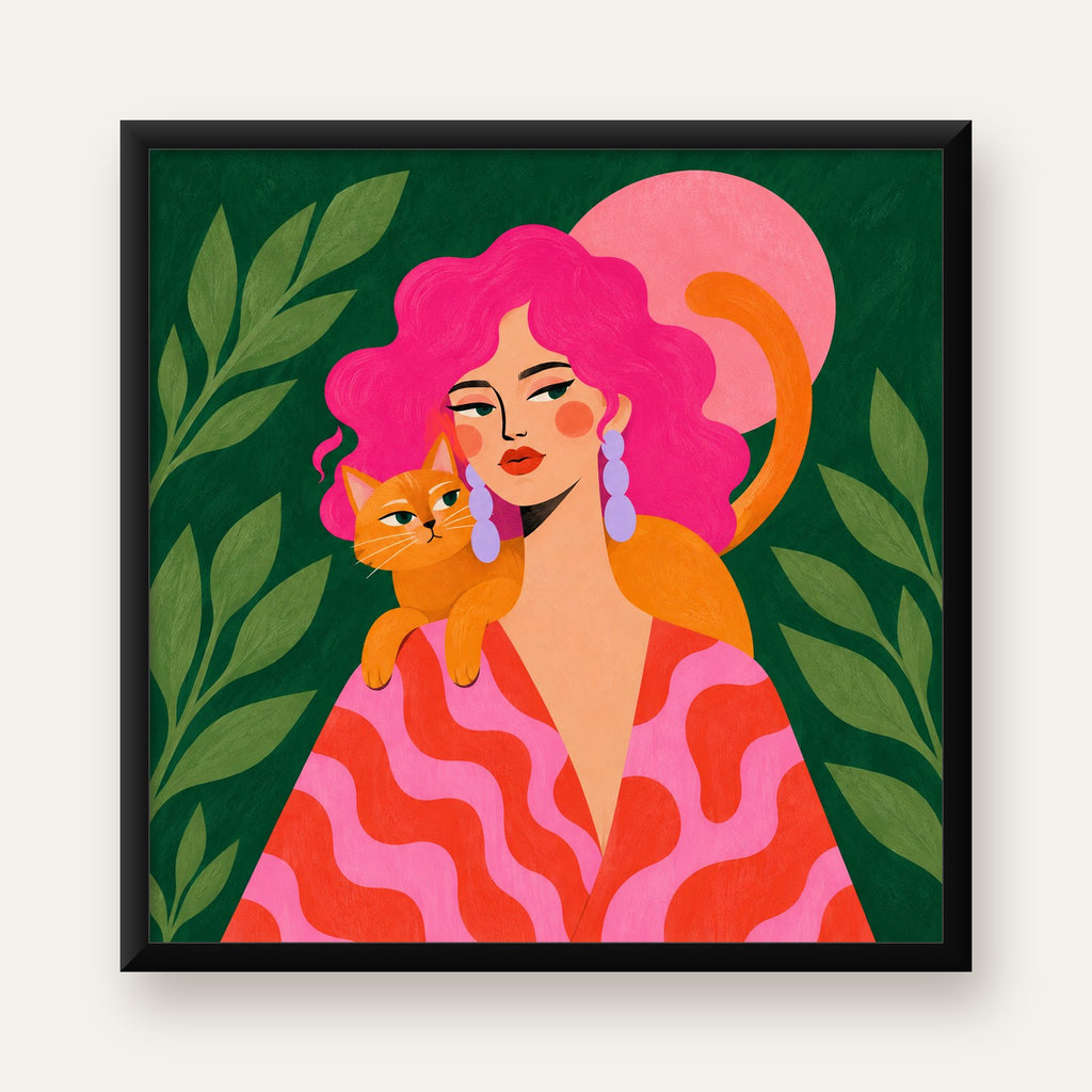 Pembe Saçlı Kadın ve Turuncu Kedi İllüstrasyon Poster — Kare baskı, düz siyah çerçeveli duvar posteri