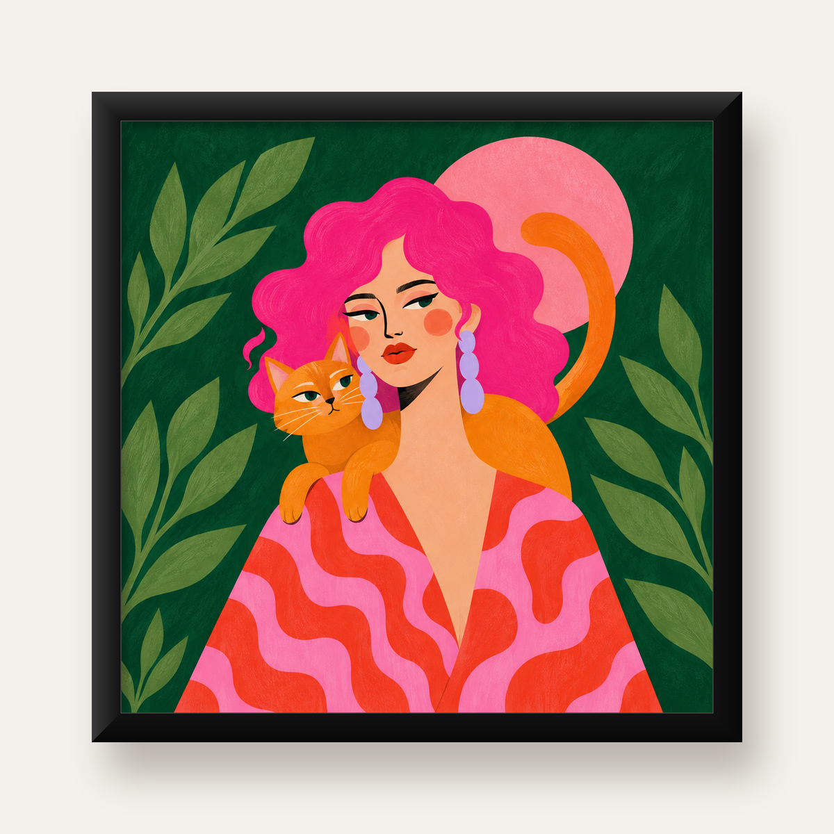 Pembe Saçlı Kadın ve Turuncu Kedi İllüstrasyon Poster — Kare baskı, düz siyah çerçeveli duvar posteri