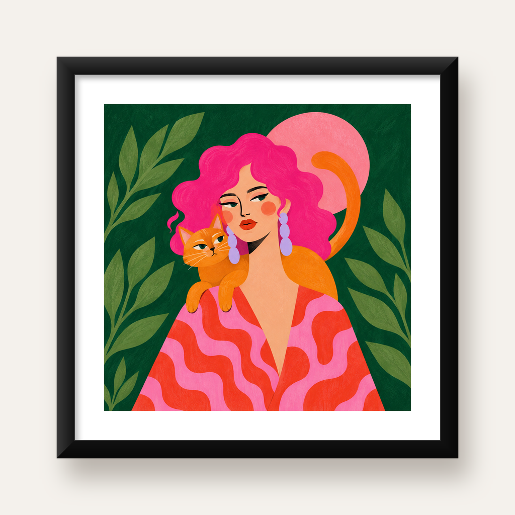 Pembe Saçlı Kadın ve Turuncu Kedi İllüstrasyon Poster — Kare baskı, beyaz paspartulu