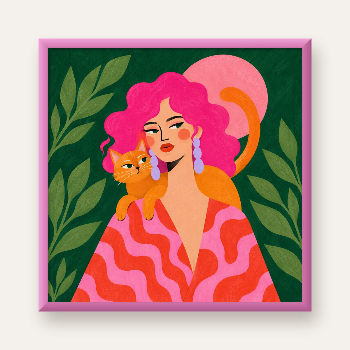 Pembe Saçlı Kadın ve Turuncu Kedi İllüstrasyon Poster — pembe çerçeveli