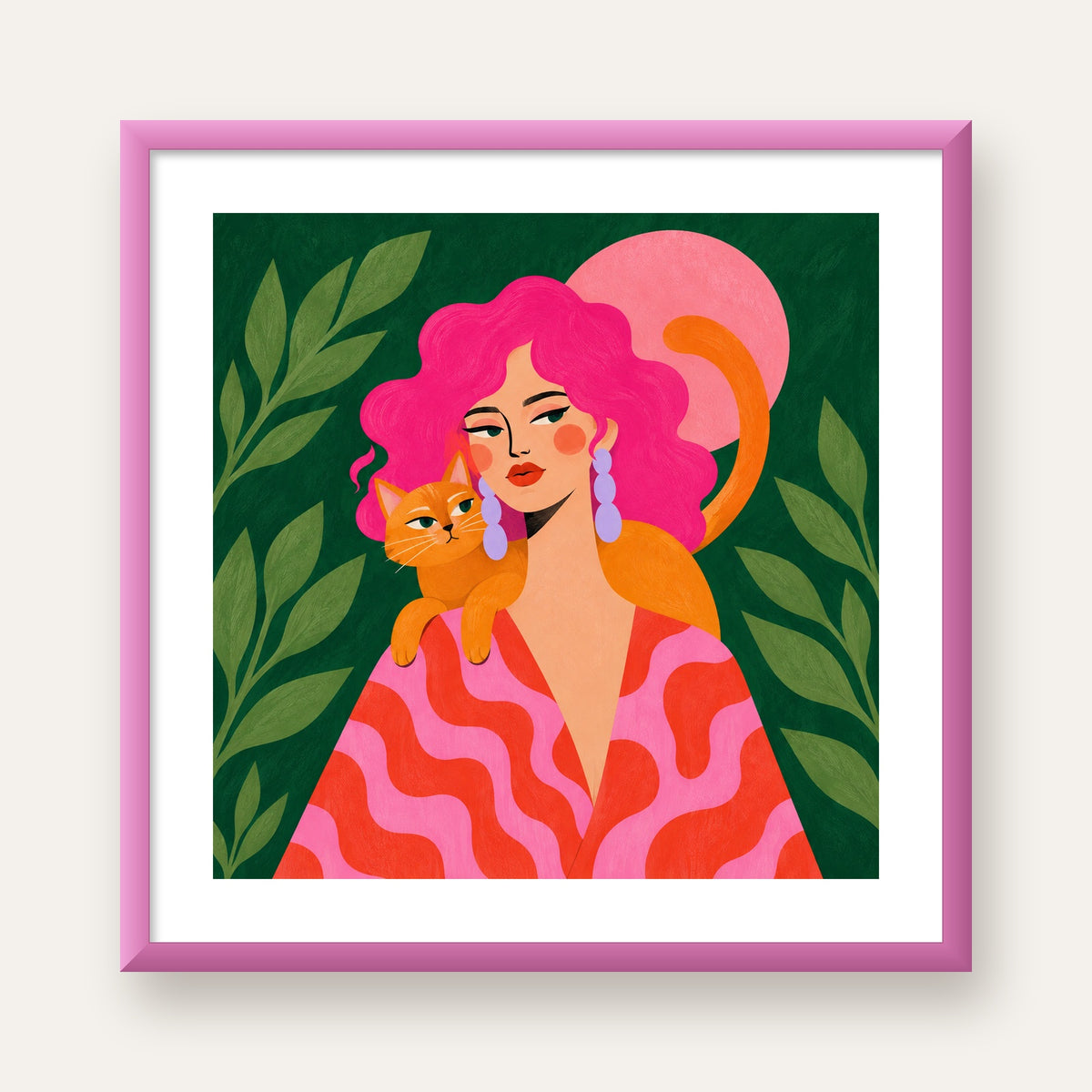 Pembe Saçlı Kadın ve Turuncu Kedi İllüstrasyon Poster — pembe çerçeveli paspartulu