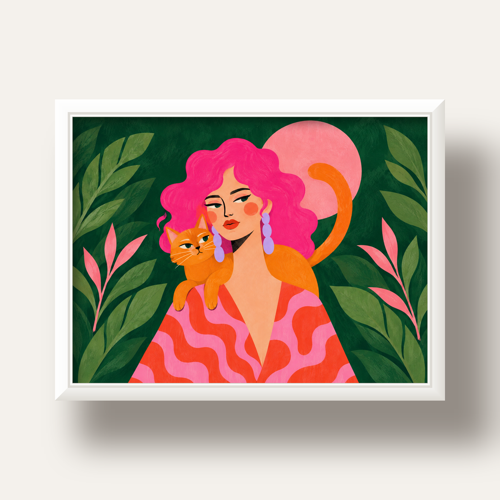 Pembe Saçlı Kadın ve Turuncu Kedi İllüstrasyon Poster — beyaz derin çerçeveli