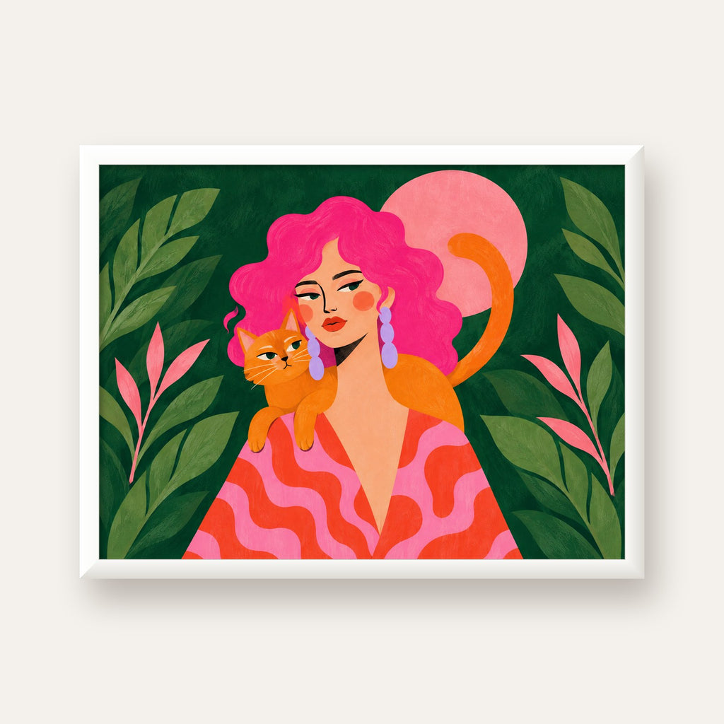 Pembe Saçlı Kadın ve Turuncu Kedi İllüstrasyon Poster — beyaz çerçeveli yatay poster