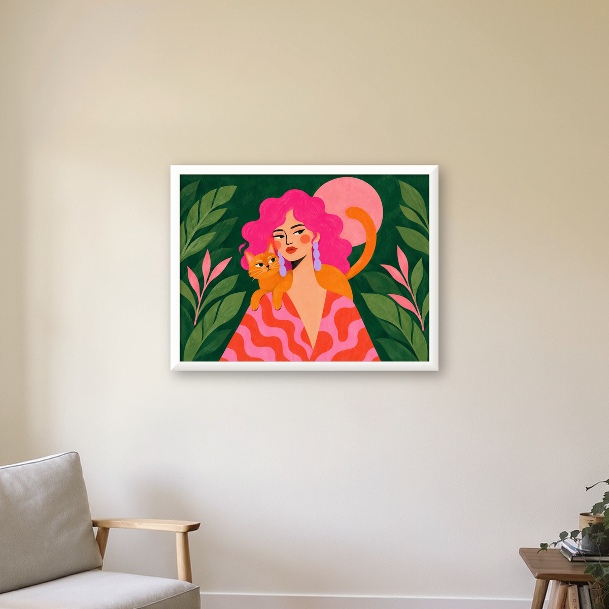 Pembe Saçlı Kadın ve Turuncu Kedi İllüstrasyon Poster — beyaz çerçeveli yatay poster