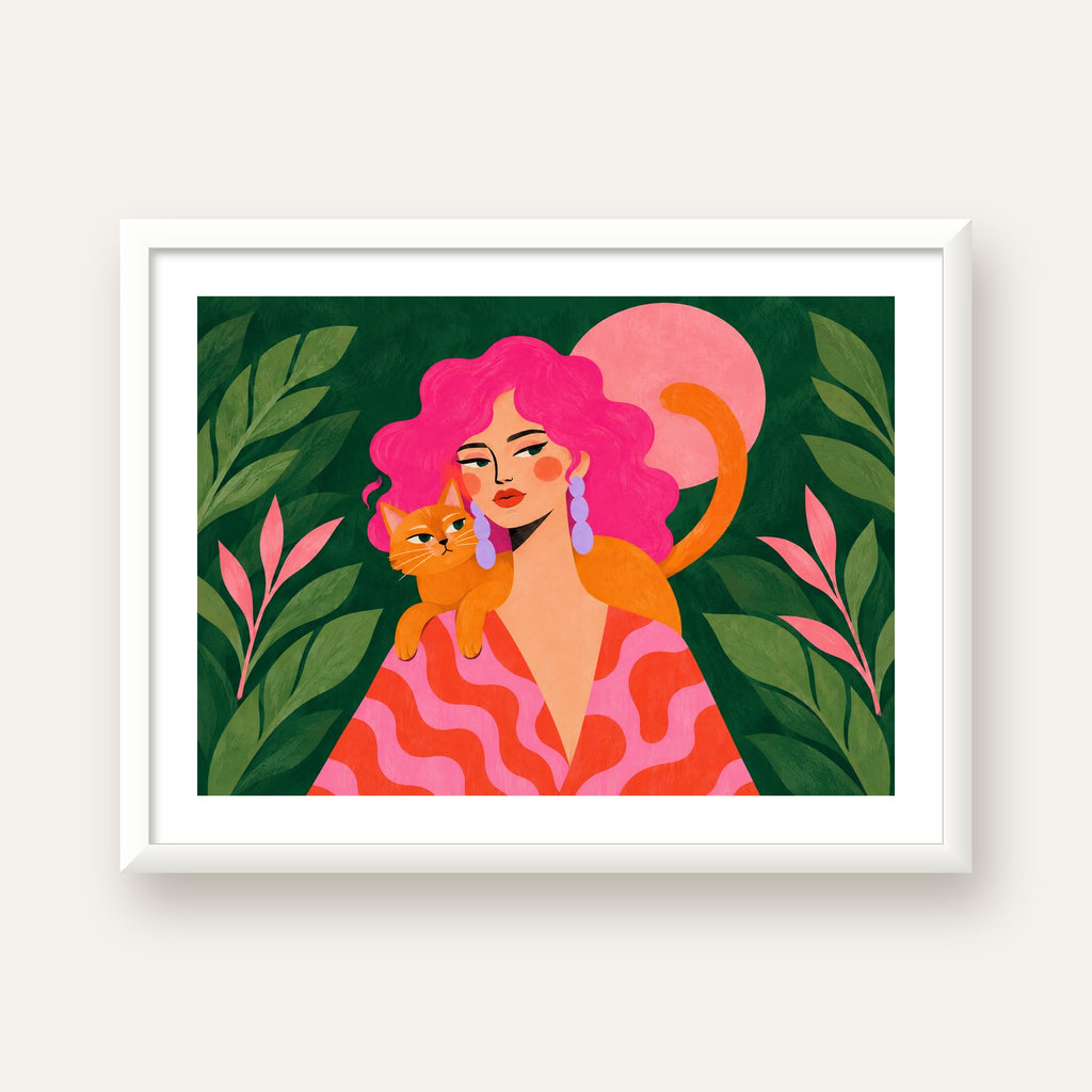 Pembe Saçlı Kadın ve Turuncu Kedi İllüstrasyon Poster — beyaz çerçeveli yatay poster
