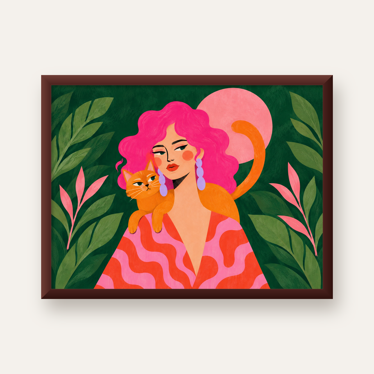 Pembe Saçlı Kadın ve Turuncu Kedi İllüstrasyon Poster — ceviz çerçeveli
