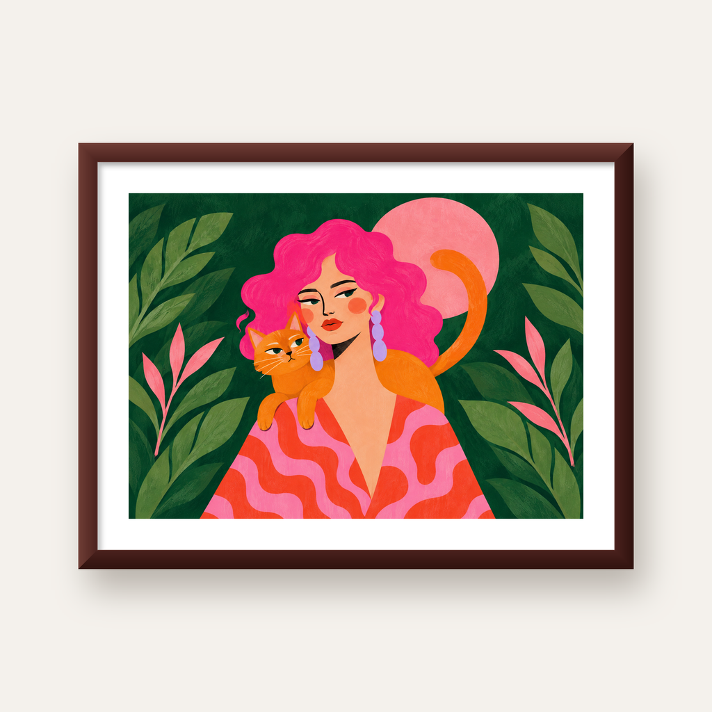 Pembe Saçlı Kadın ve Turuncu Kedi İllüstrasyon Poster — ceviz çerçeveli paspartulu