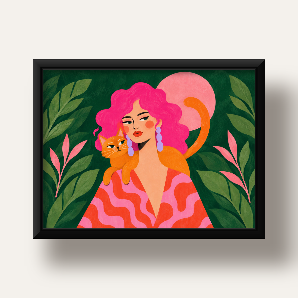Pembe Saçlı Kadın ve Turuncu Kedi İllüstrasyon Poster — siyah derin çerçeveli