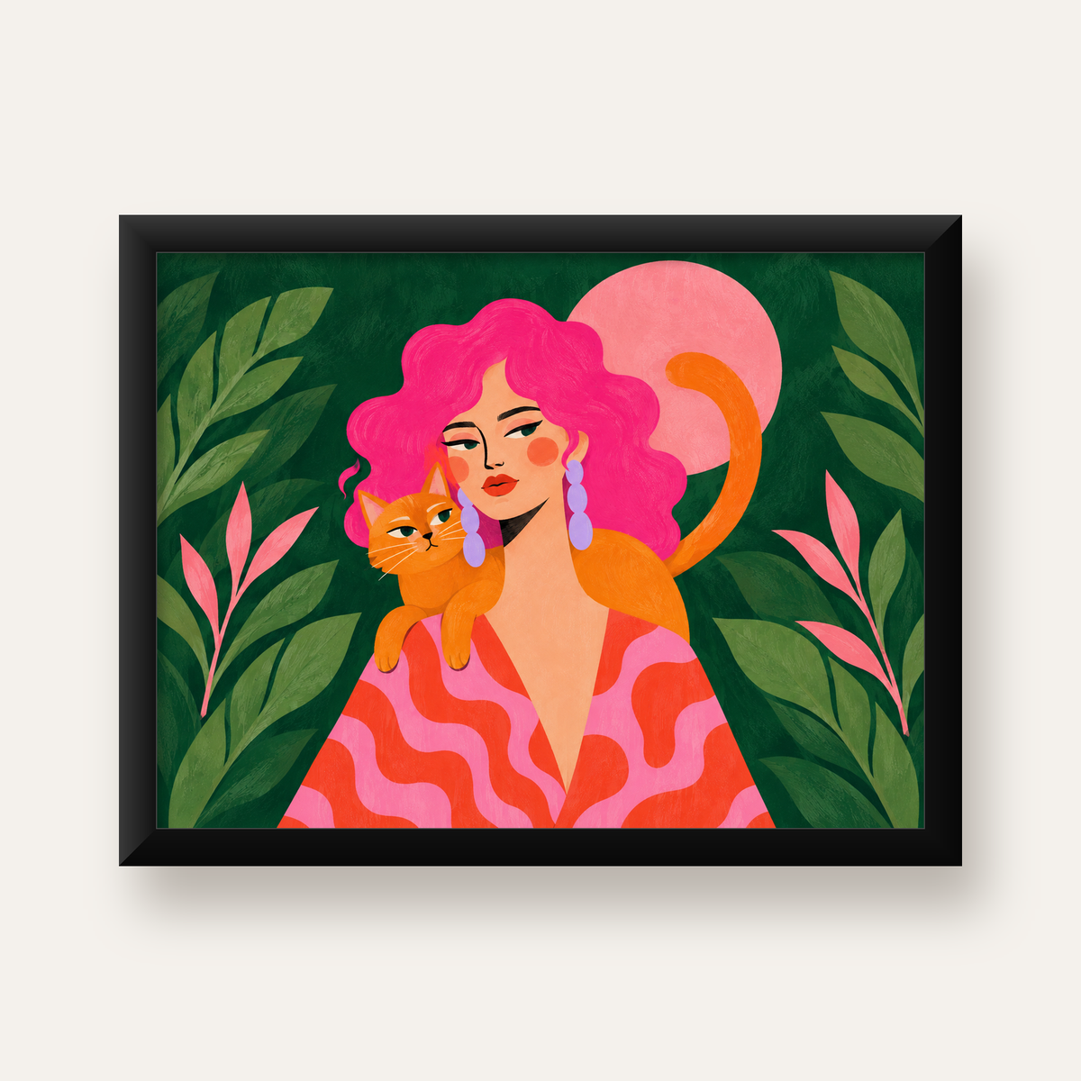 Pembe Saçlı Kadın ve Turuncu Kedi İllüstrasyon Poster — Yatay baskı, düz siyah çerçeveli duvar posteri