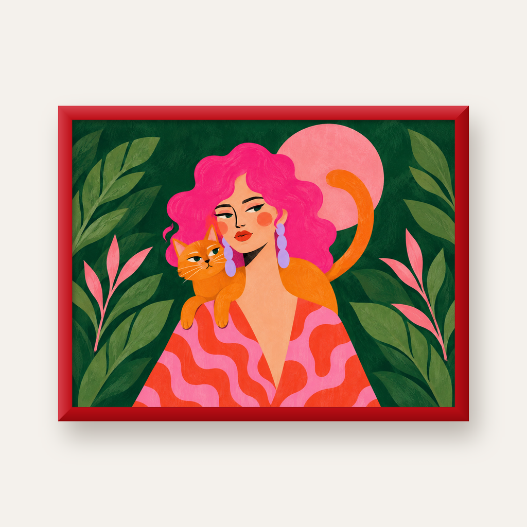 Pembe Saçlı Kadın ve Turuncu Kedi İllüstrasyon Poster — kırmızı çerçeveli