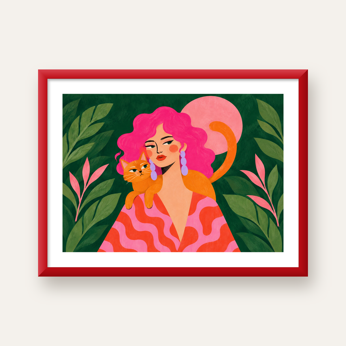 Pembe Saçlı Kadın ve Turuncu Kedi İllüstrasyon Poster — kırmızı çerçeveli paspartulu