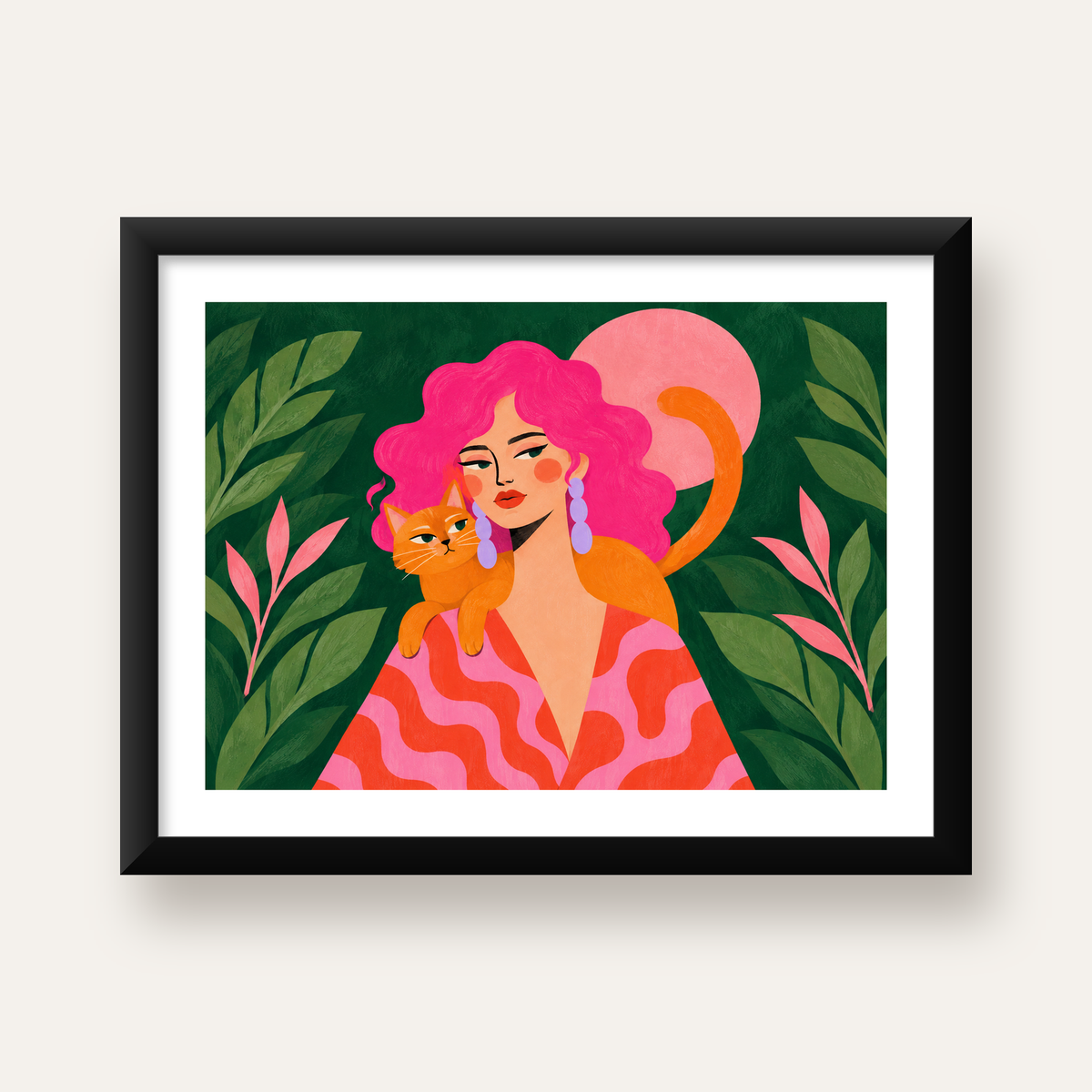 Pembe Saçlı Kadın ve Turuncu Kedi İllüstrasyon Poster — Yatay baskı, beyaz paspartulu