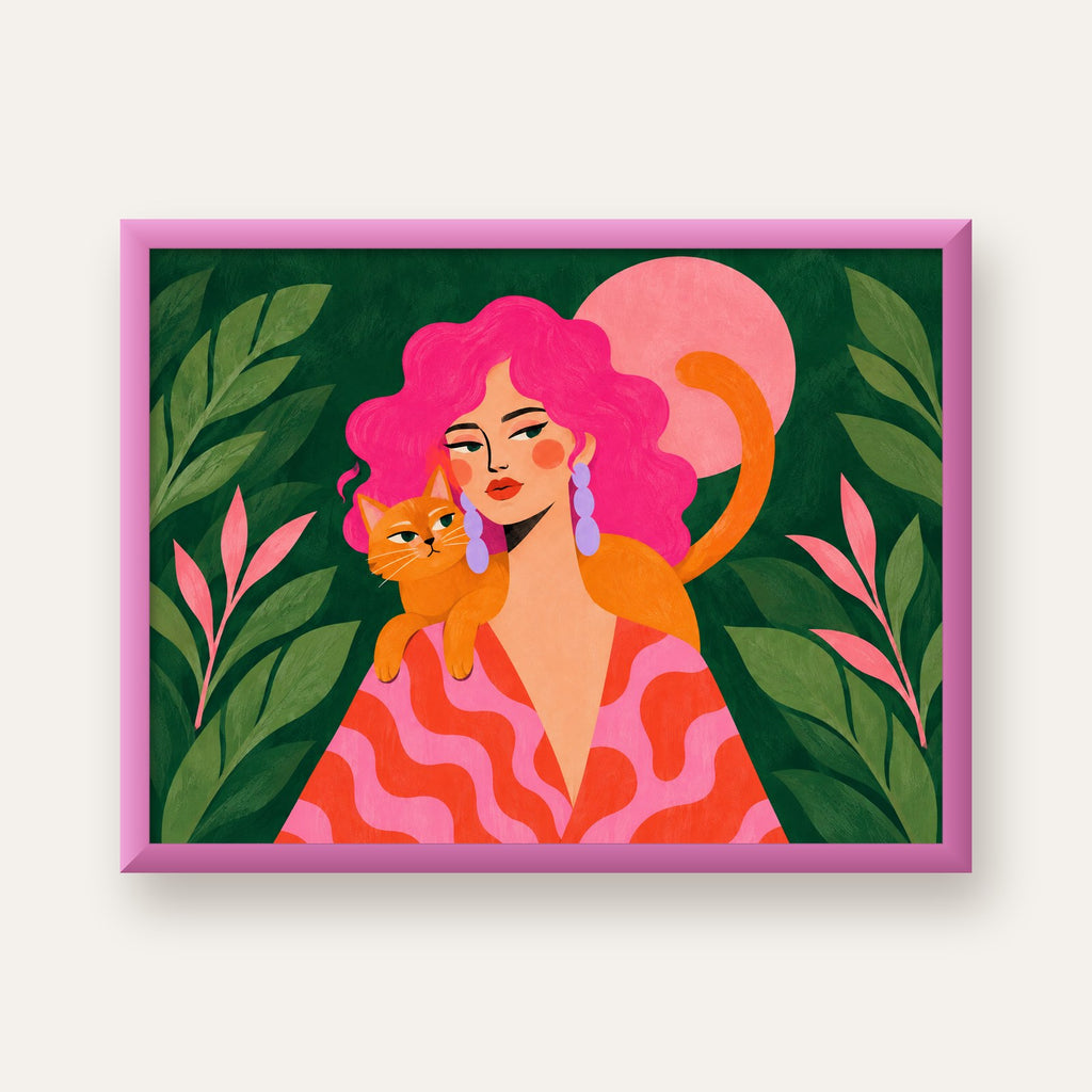 Pembe Saçlı Kadın ve Turuncu Kedi İllüstrasyon Poster — pembe çerçeveli