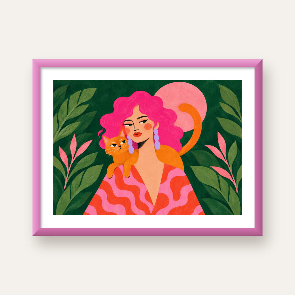 Pembe Saçlı Kadın ve Turuncu Kedi İllüstrasyon Poster — pembe çerçeveli paspartulu