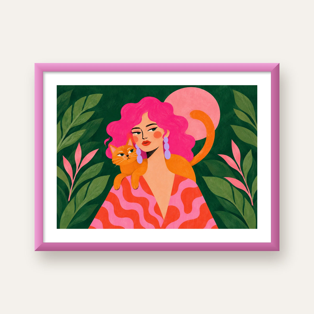 Pembe Saçlı Kadın ve Turuncu Kedi İllüstrasyon Poster — pembe çerçeveli paspartulu