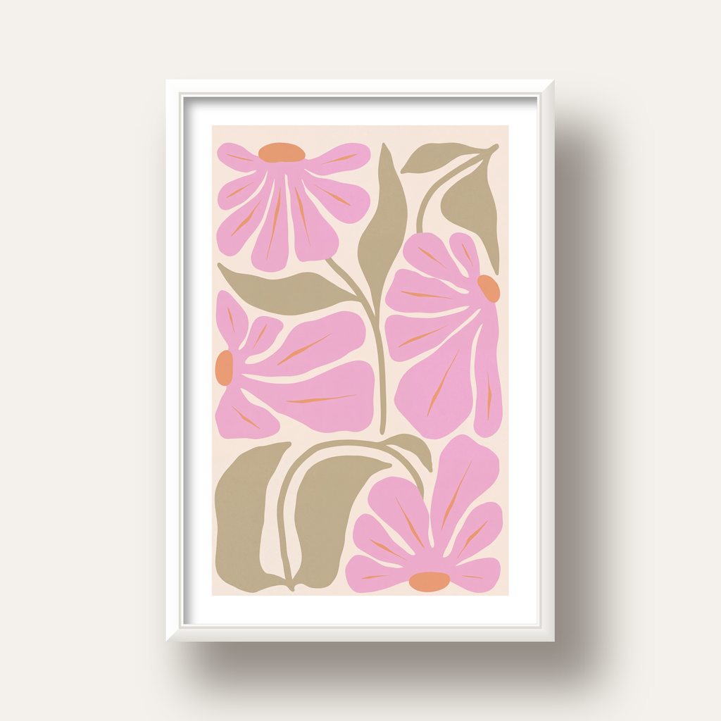 Pembe Soyut Çiçek Desenli Modern Poster, Minimal Dijital Baskı — beyaz derin çerçeveli paspartulu