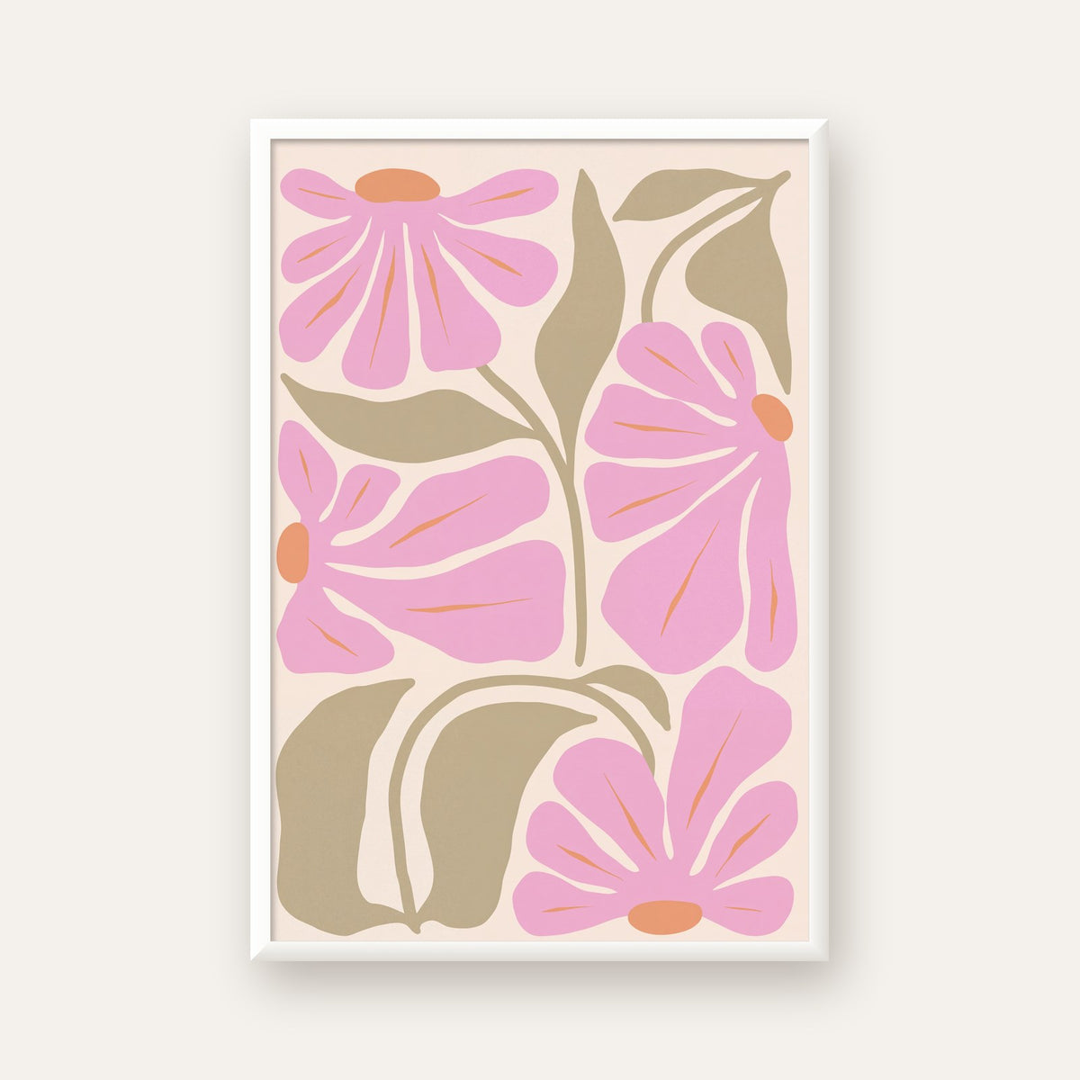 Pembe Soyut Çiçek Desenli Modern Poster, Minimal Dijital Baskı — beyaz çerçeveli dikey poster