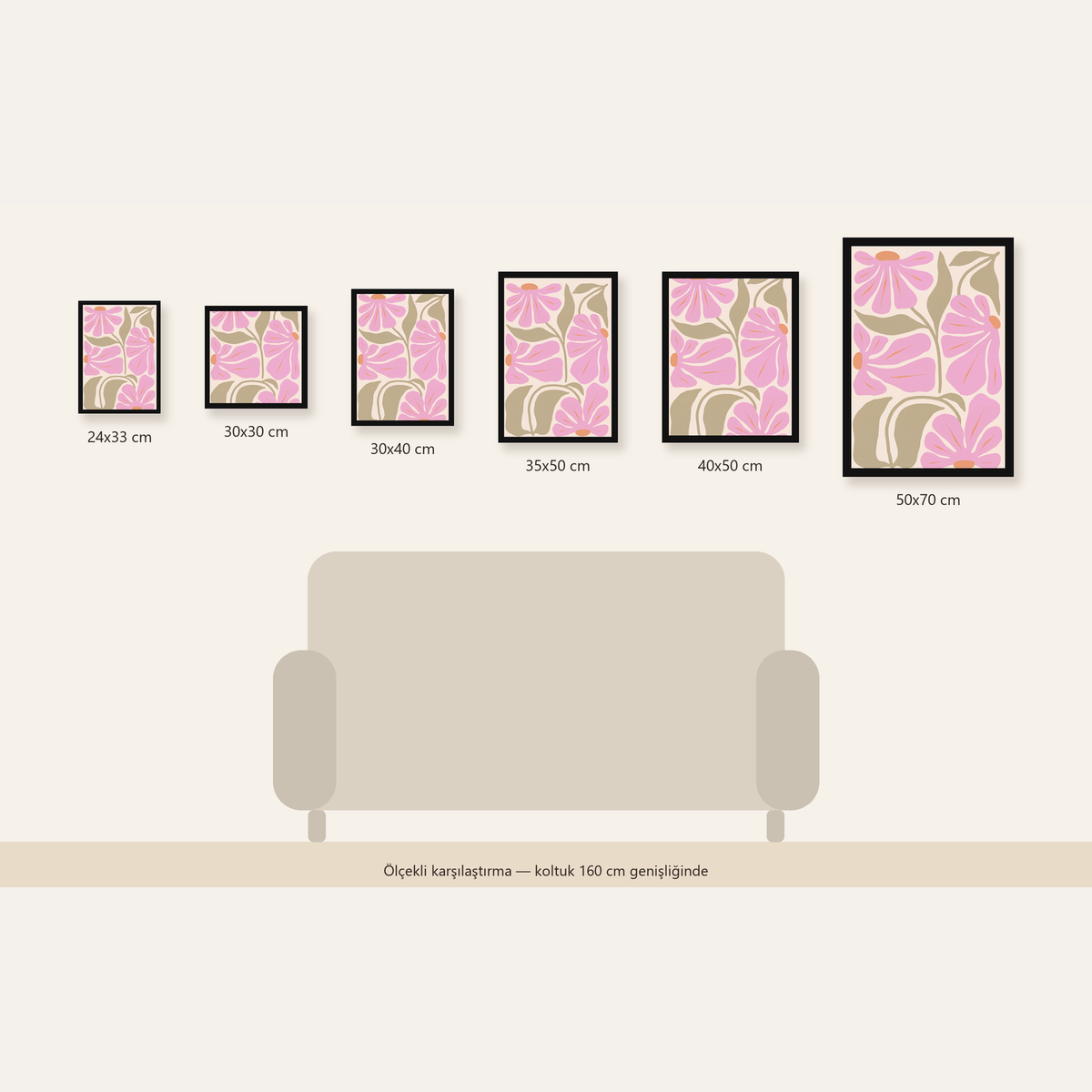 Pembe Soyut Çiçek Desenli Modern Poster, Minimal Dijital Baskı — 24×33 cm'den 50×70 cm'e, altı ölçünün karşılaştırması