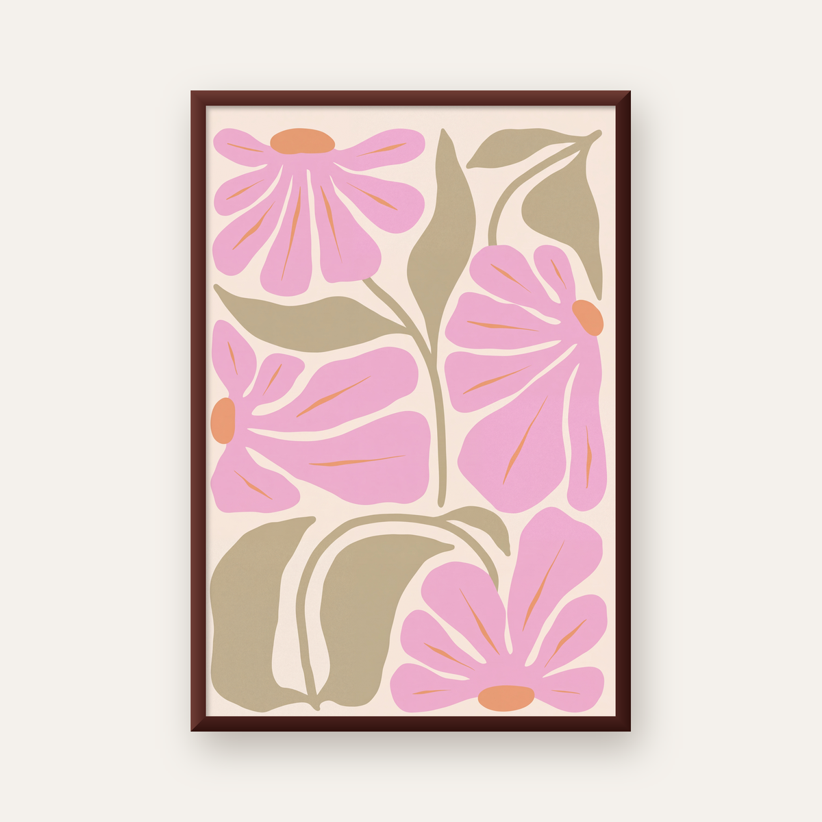 Pembe Soyut Çiçek Desenli Modern Poster, Minimal Dijital Baskı — ceviz çerçeveli