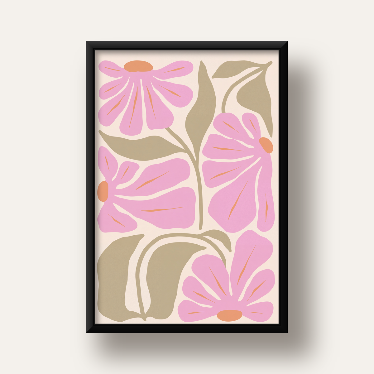 Pembe Soyut Çiçek Desenli Modern Poster, Minimal Dijital Baskı — siyah derin çerçeveli