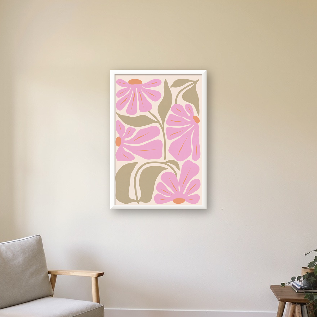 Pembe Soyut Çiçek Desenli Modern Poster, Minimal Dijital Baskı — beyaz çerçeveli dikey poster