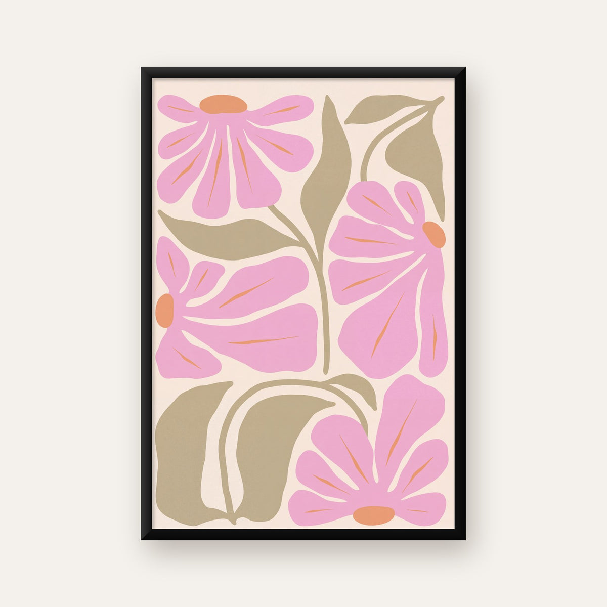 Pembe Soyut Çiçek Desenli Modern Poster, Minimal Dijital Baskı — ceviz çerçeveli
