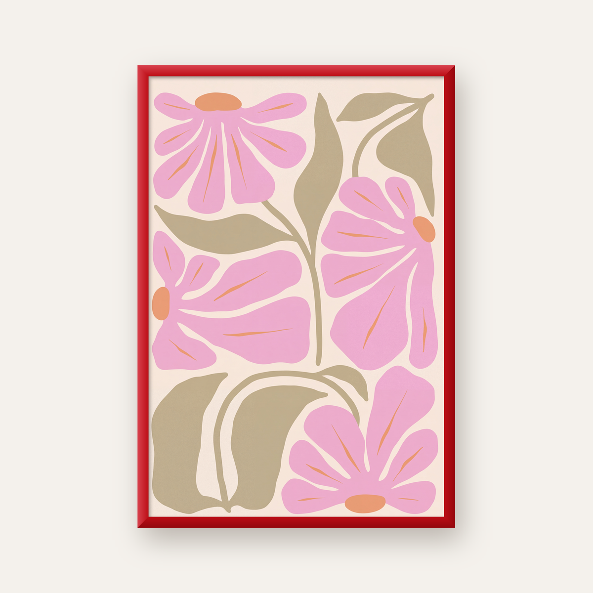 Pembe Soyut Çiçek Desenli Modern Poster, Minimal Dijital Baskı — kırmızı çerçeveli