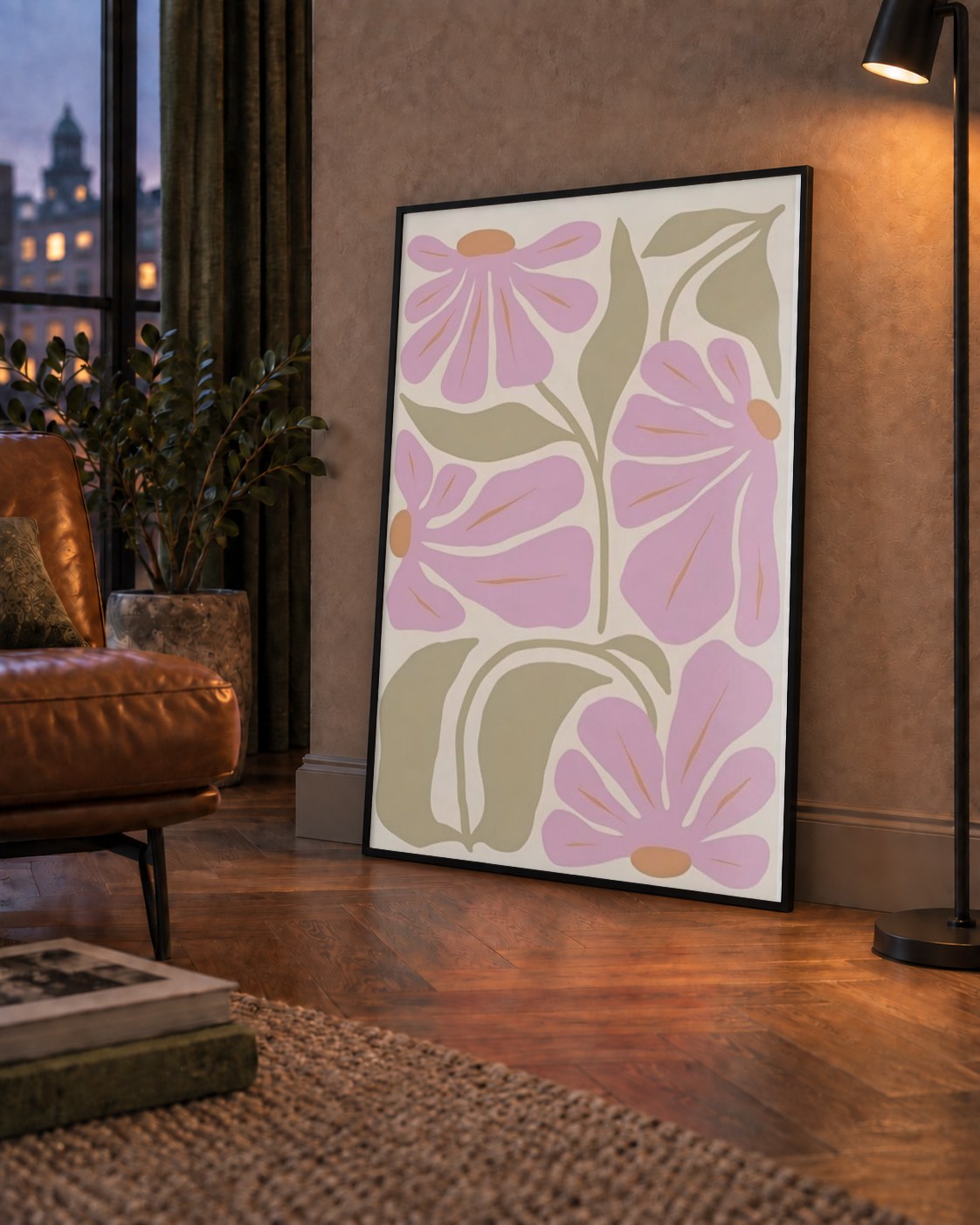 Pembe Soyut Çiçek Desenli Modern Poster, Minimal Dijital Baskı — çerçeveli hâliyle bir ev duvarında
