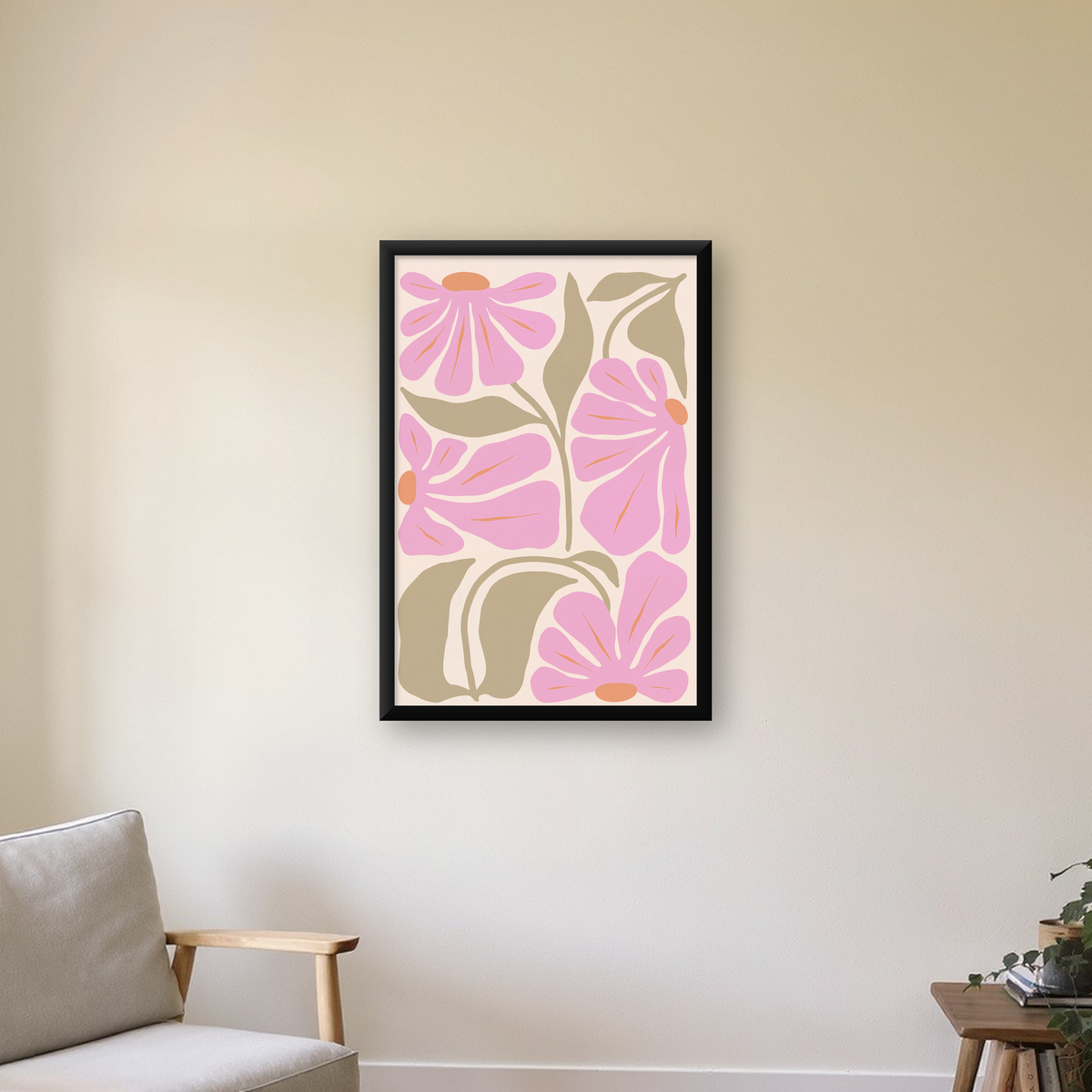 Pembe Soyut Çiçek Desenli Modern Poster, Minimal Dijital Baskı — duvarda, düz siyah çerçeveli