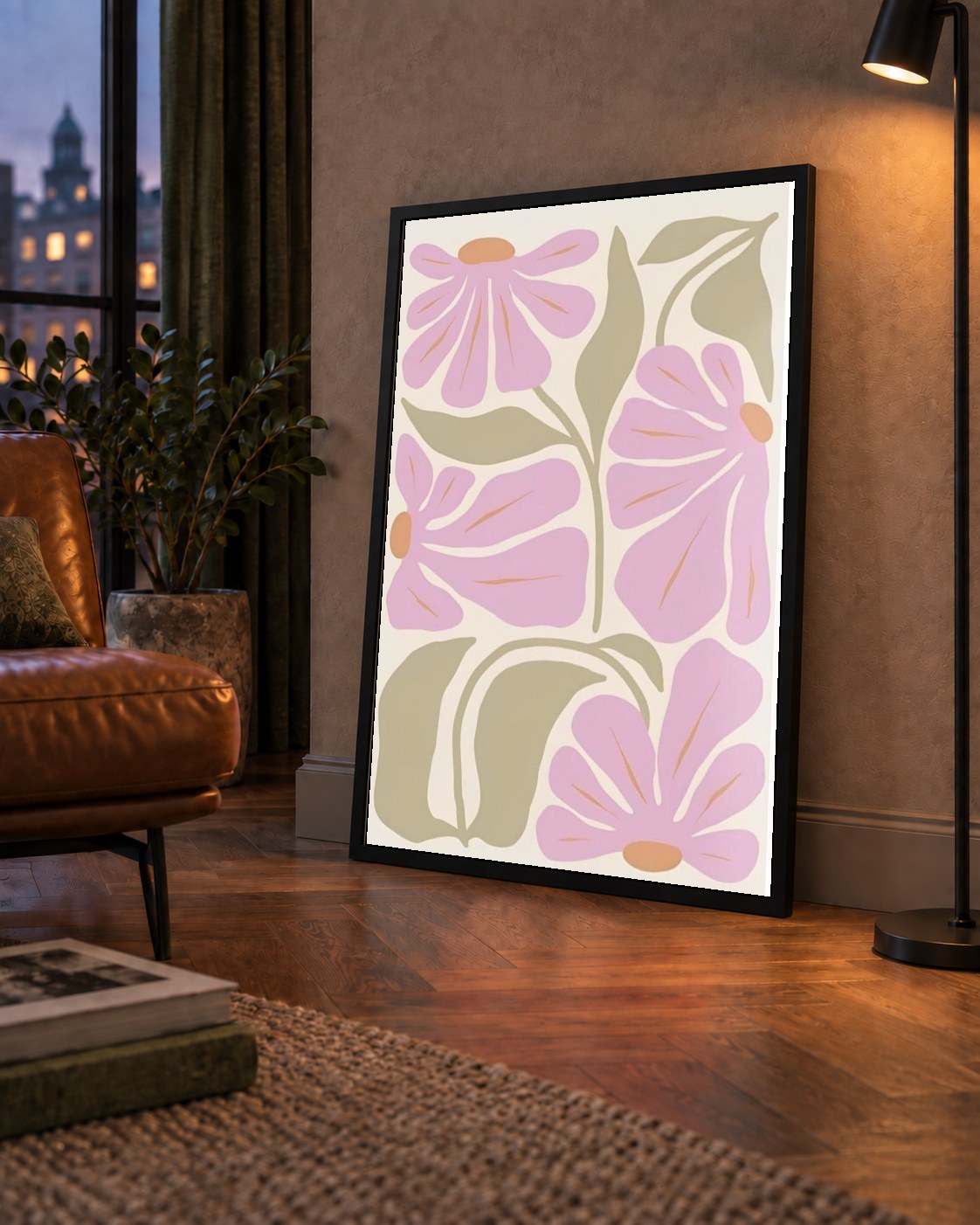 Pembe Soyut Çiçek Desenli Modern Poster, Minimal Dijital Baskı