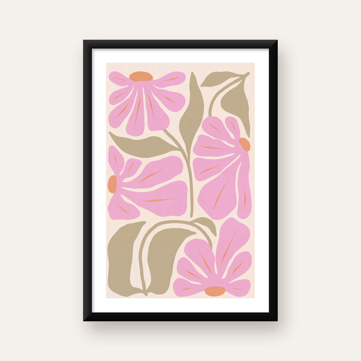 Pembe Soyut Çiçek Desenli Modern Poster, Minimal Dijital Baskı — beyaz paspartulu, düz siyah çerçeveli