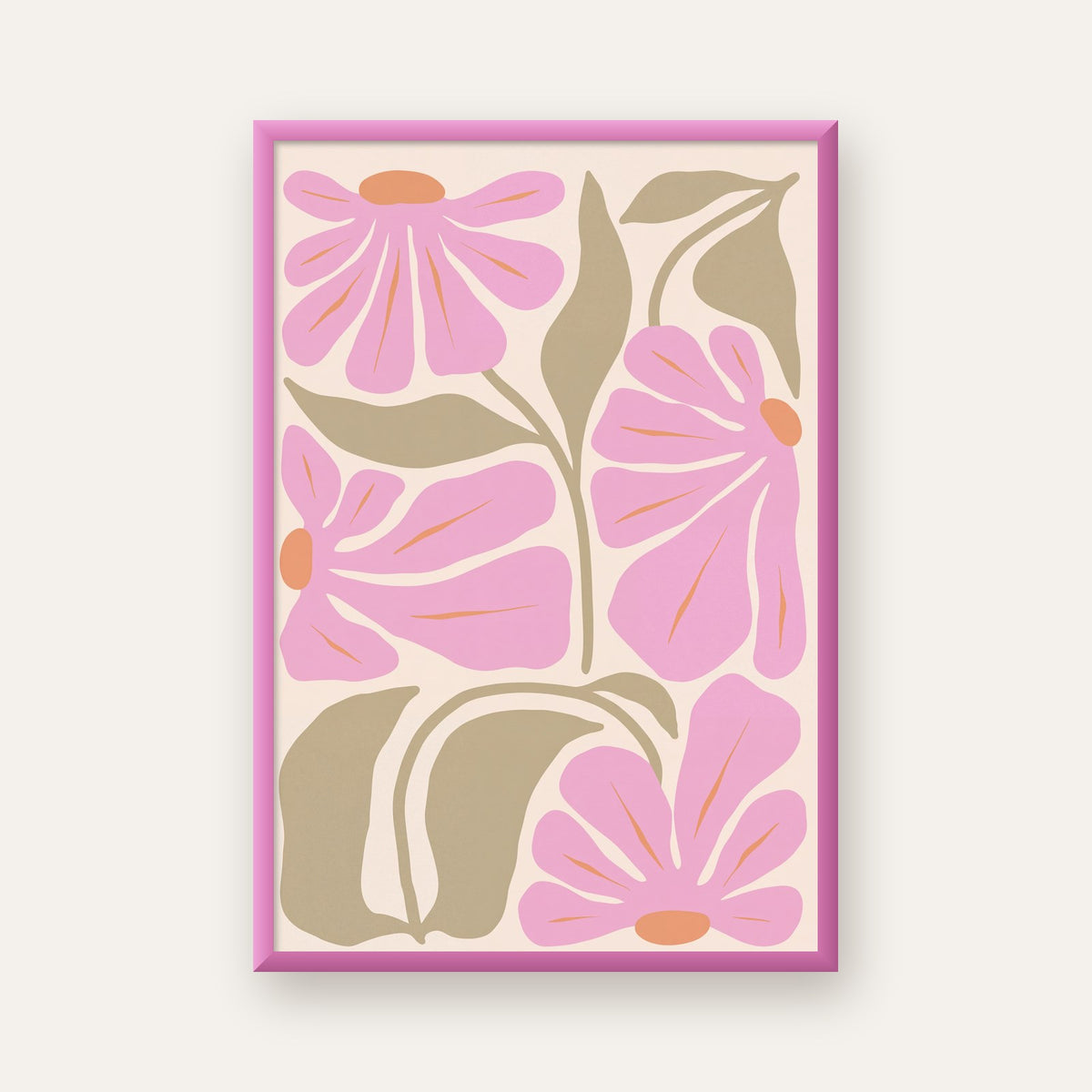 Pembe Soyut Çiçek Desenli Modern Poster, Minimal Dijital Baskı — pembe çerçeveli