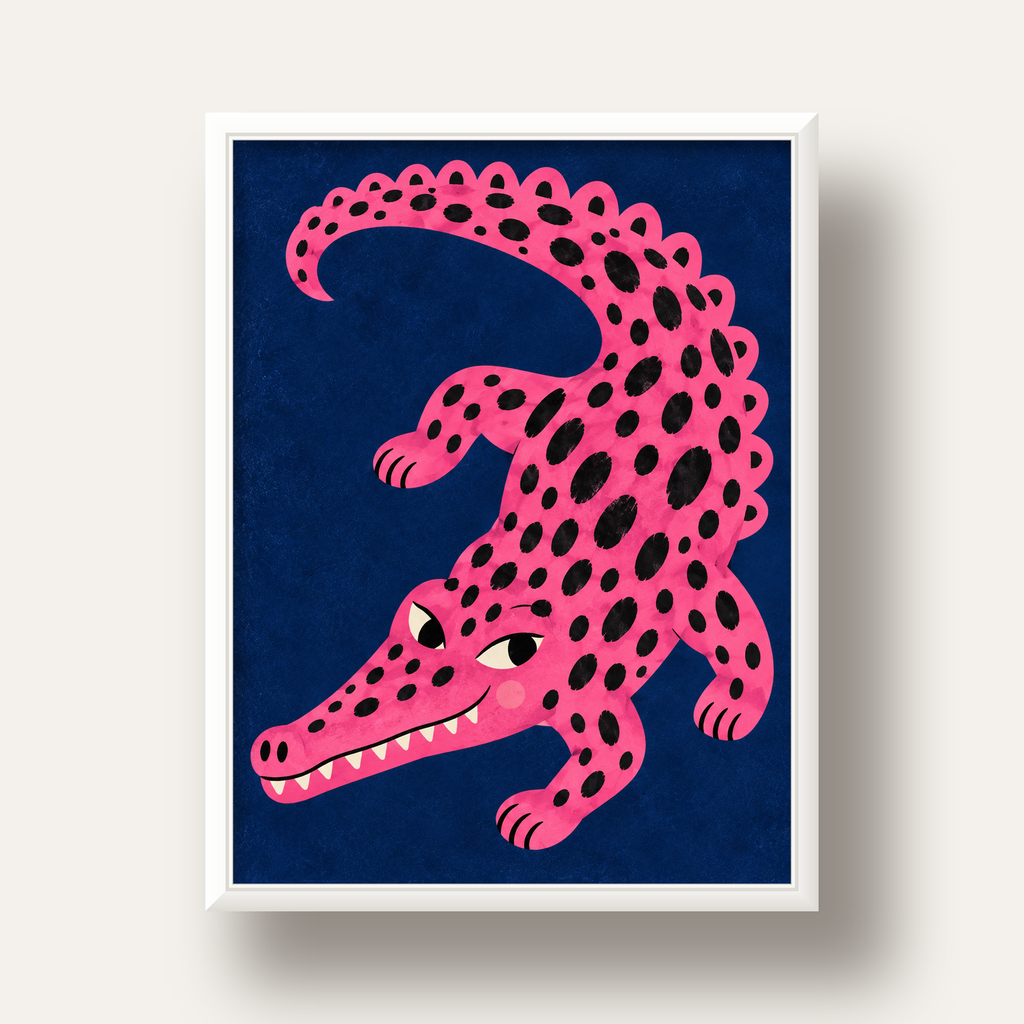 Sevimli Pembe Timsah Dijital İllüstrasyon Poster — beyaz derin çerçeveli