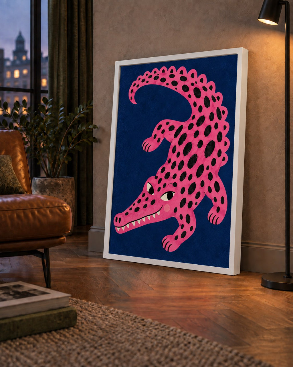 Sevimli Pembe Timsah Dijital İllüstrasyon Poster — çerçeveli hâliyle bir ev duvarında