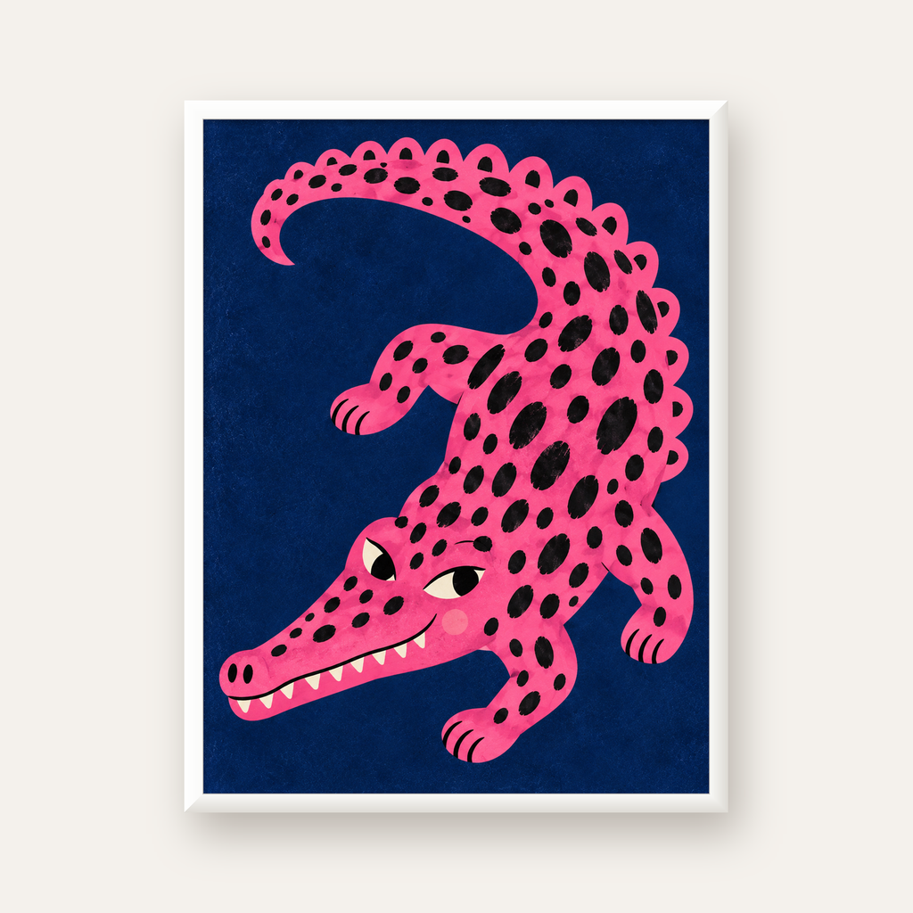Sevimli Pembe Timsah Dijital İllüstrasyon Poster — beyaz çerçeveli dikey poster