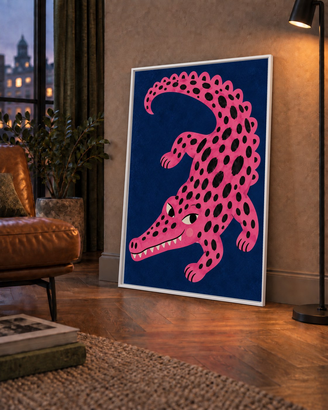 Sevimli Pembe Timsah Dijital İllüstrasyon Poster — çerçeveli hâliyle bir ev duvarında