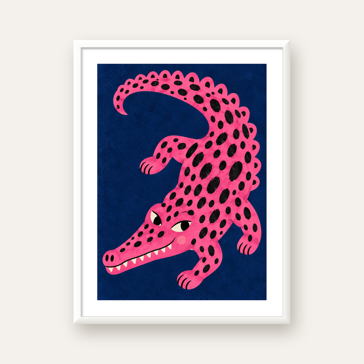 Sevimli Pembe Timsah Dijital İllüstrasyon Poster — beyaz çerçeveli dikey poster