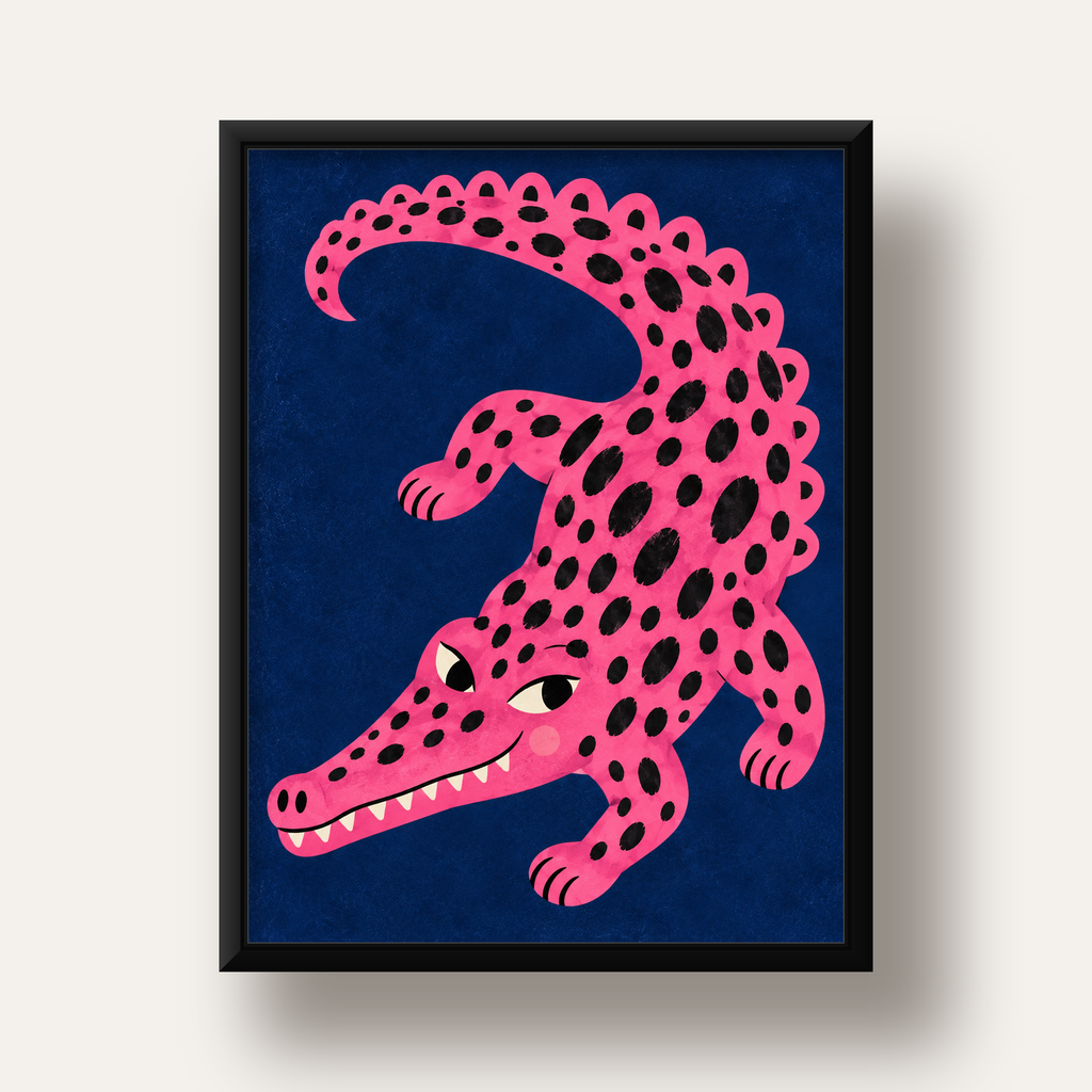 Sevimli Pembe Timsah Dijital İllüstrasyon Poster — siyah derin çerçeveli
