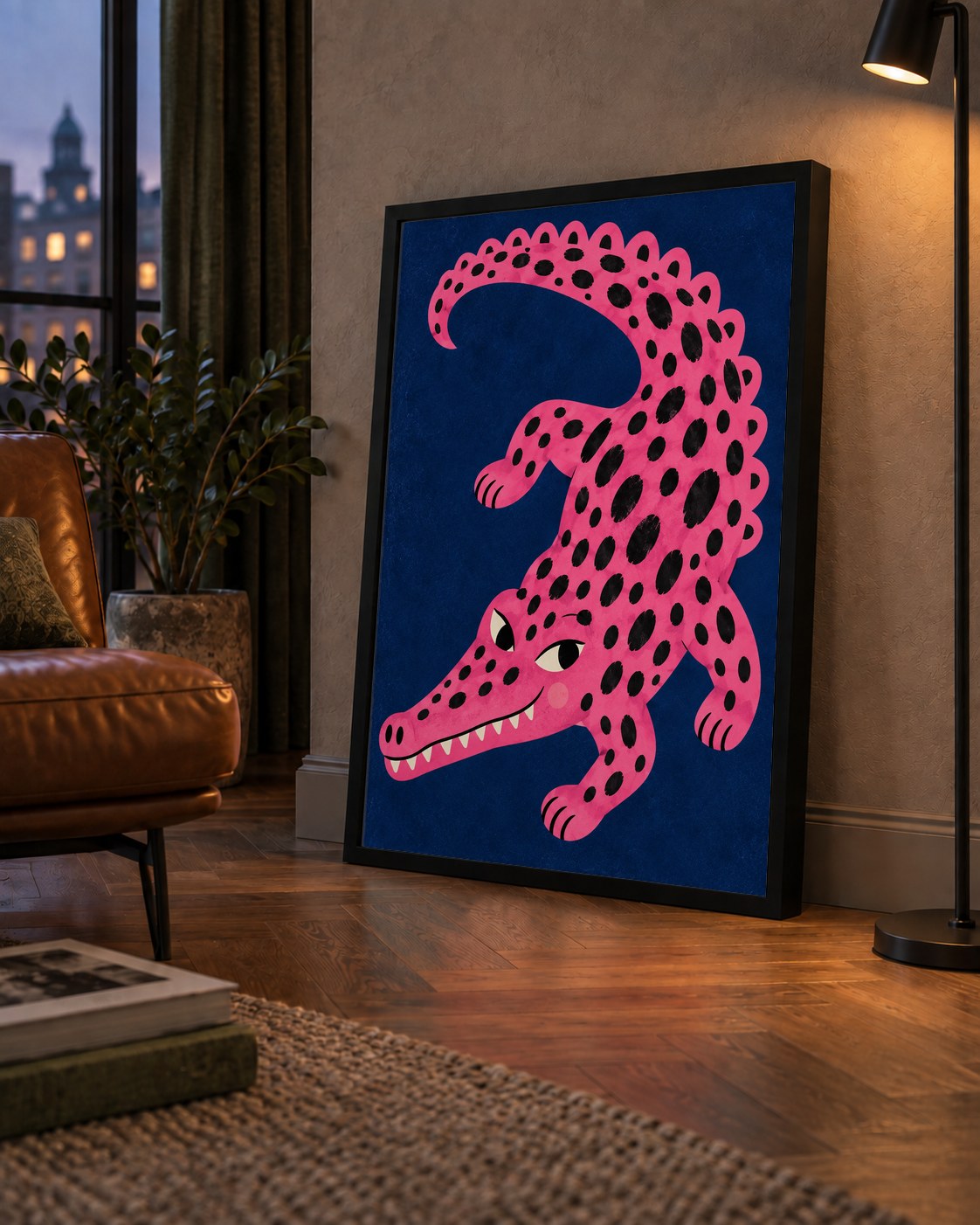 Sevimli Pembe Timsah Dijital İllüstrasyon Poster — çerçeveli hâliyle bir ev duvarında