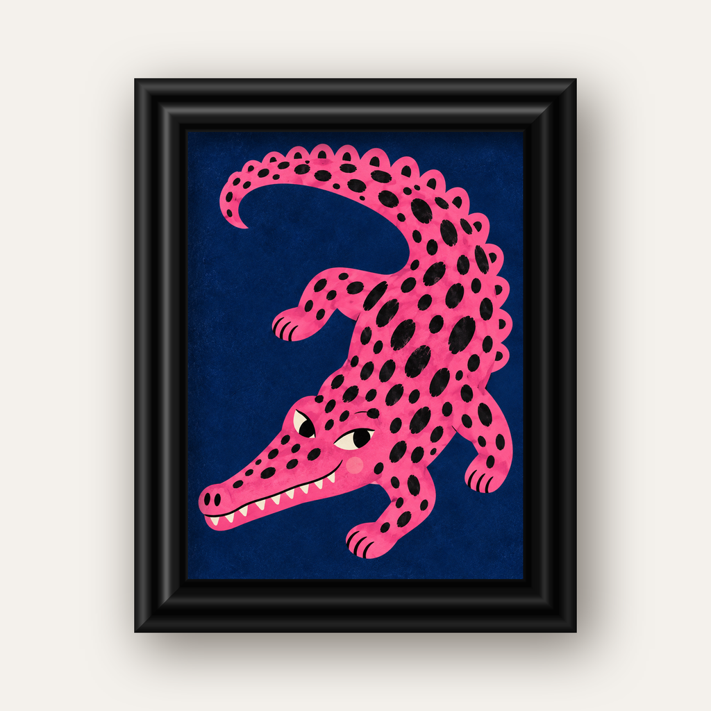 Sevimli Pembe Timsah Dijital İllüstrasyon Poster — siyah galeri çerçeveli