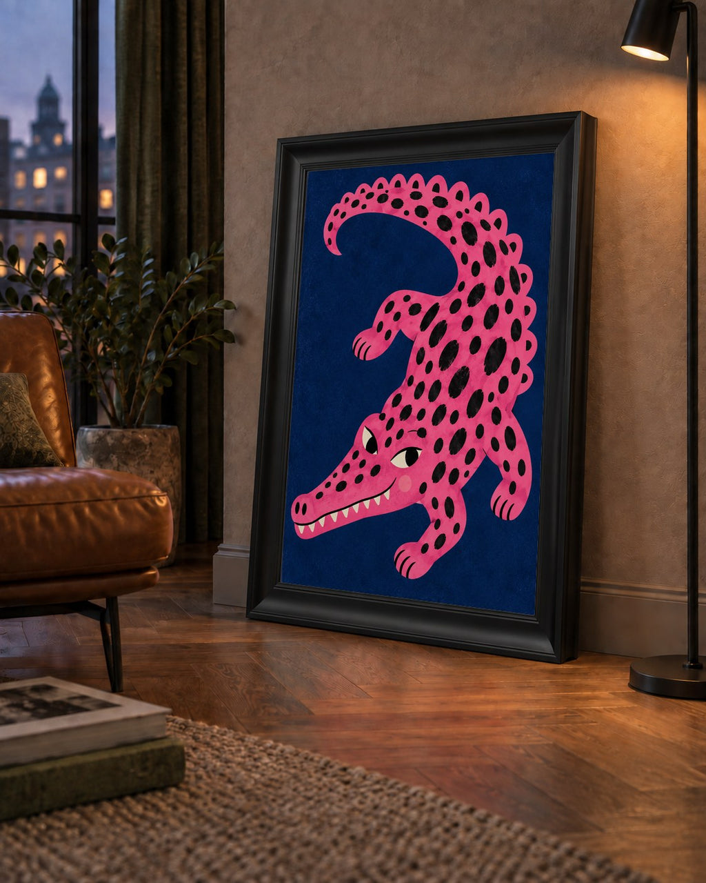 Sevimli Pembe Timsah Dijital İllüstrasyon Poster — çerçeveli hâliyle bir ev duvarında