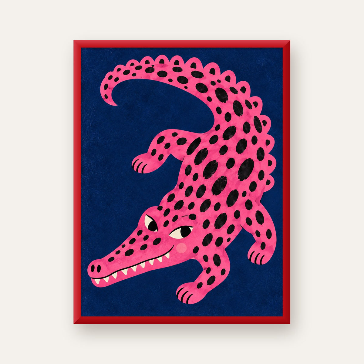 Sevimli Pembe Timsah Dijital İllüstrasyon Poster — kırmızı çerçeveli