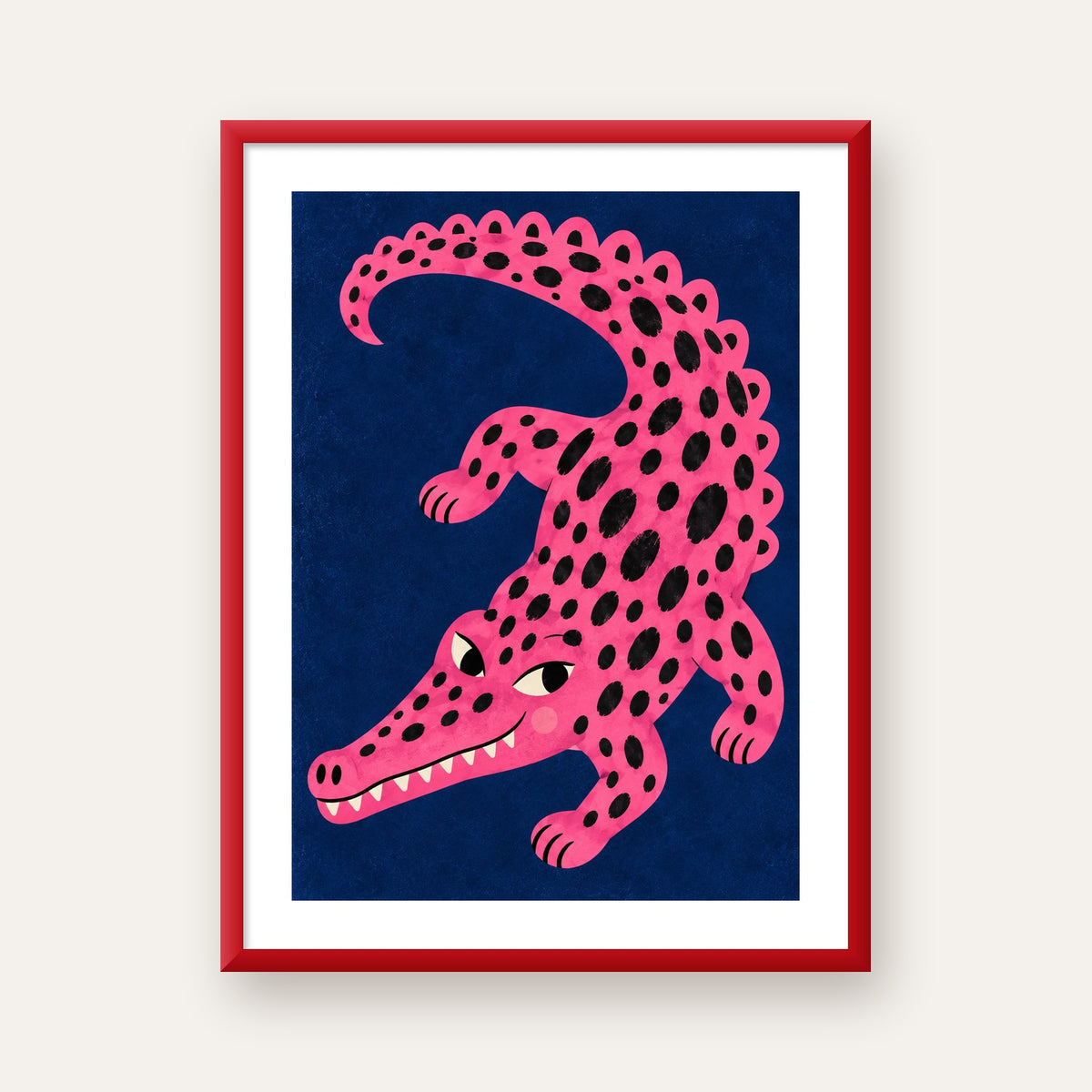 Sevimli Pembe Timsah Dijital İllüstrasyon Poster — kırmızı çerçeveli paspartulu