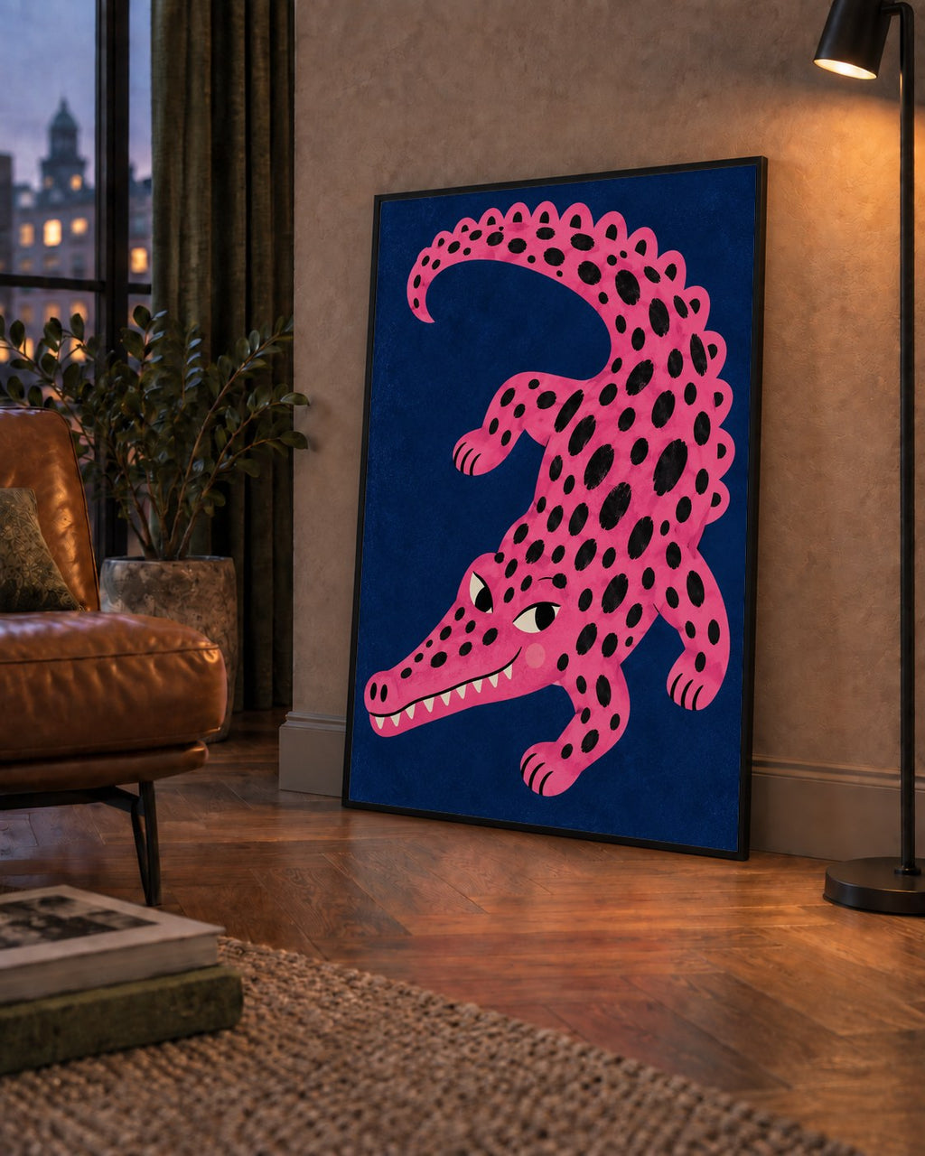Sevimli Pembe Timsah Dijital İllüstrasyon Poster — çerçeveli hâliyle bir ev duvarında