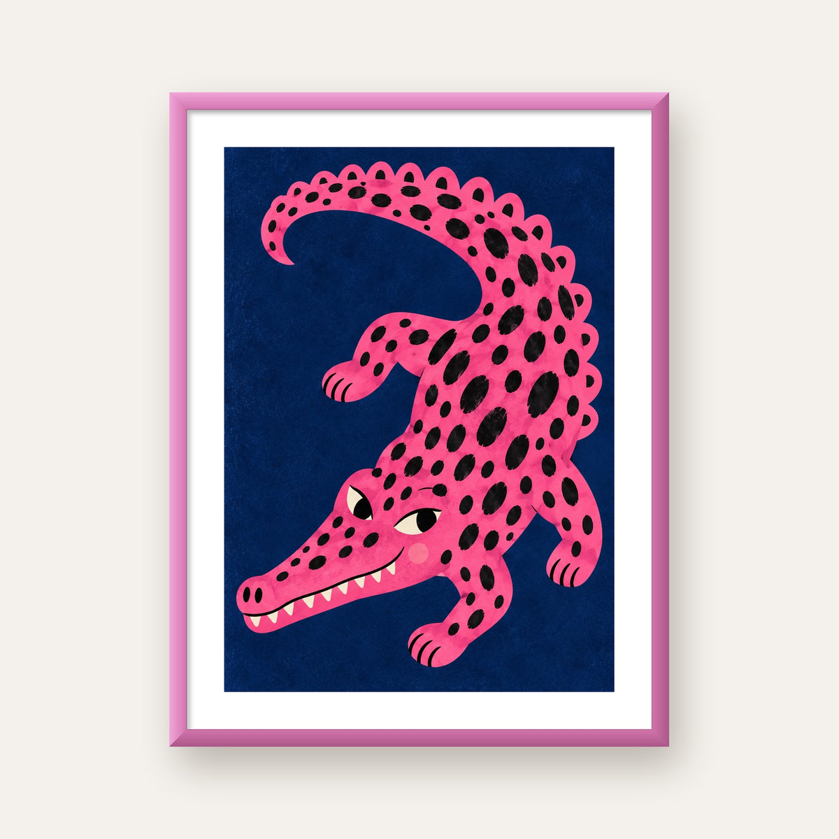 Sevimli Pembe Timsah Dijital İllüstrasyon Poster — pembe çerçeveli paspartulu