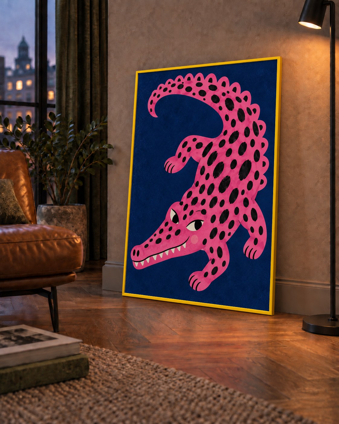 Sevimli Pembe Timsah Dijital İllüstrasyon Poster — çerçeveli hâliyle bir ev duvarında