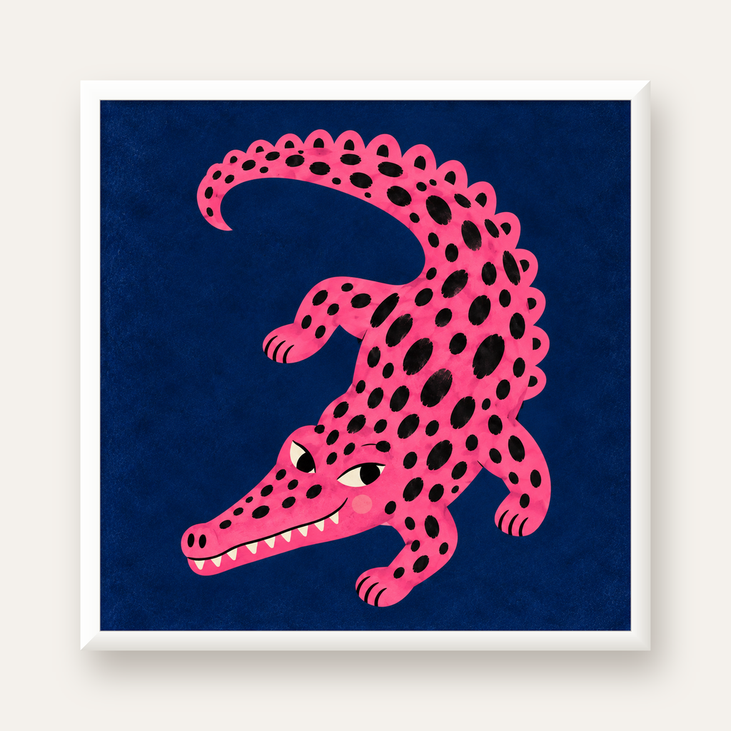 Sevimli Pembe Timsah Dijital İllüstrasyon Poster — beyaz çerçeveli kare poster