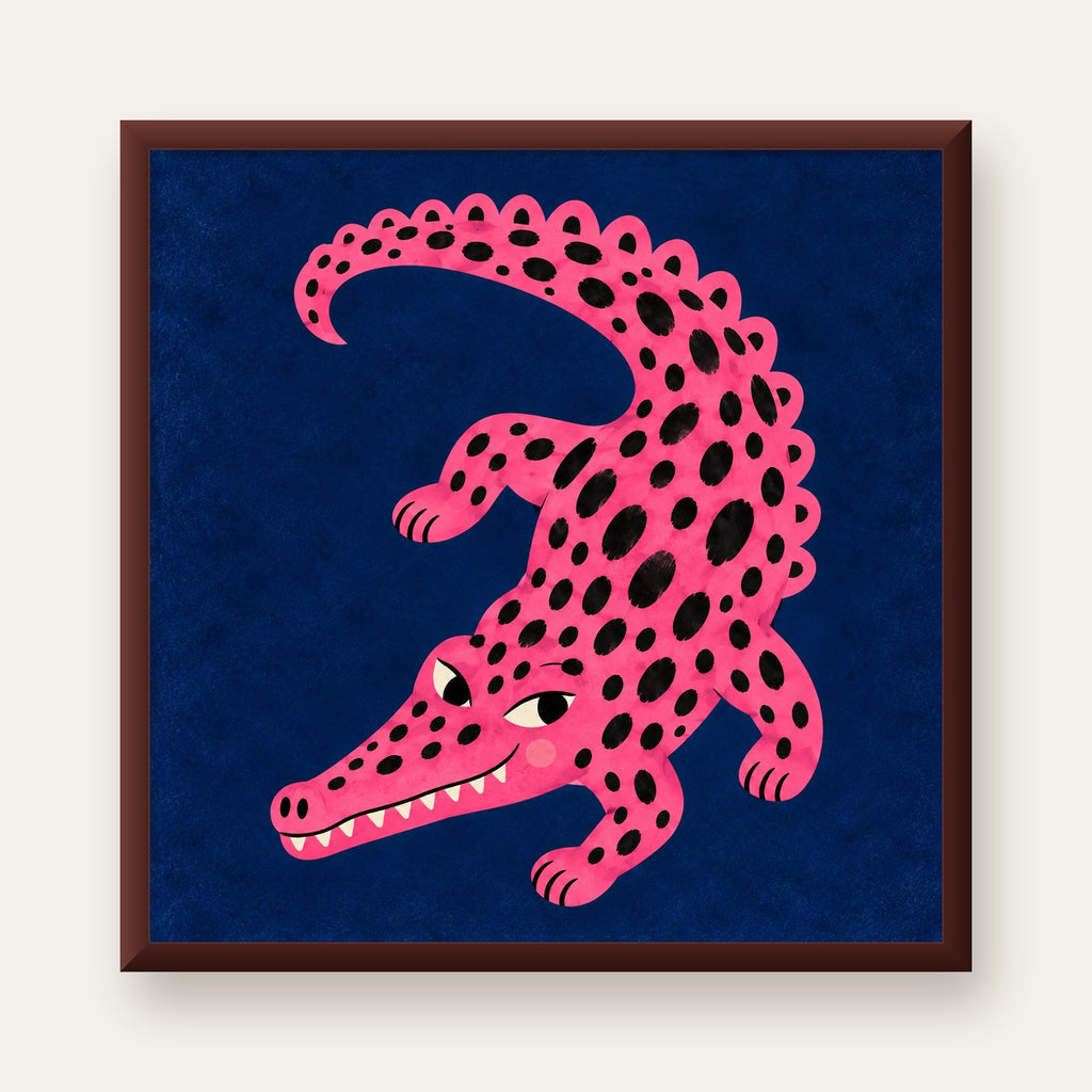 Sevimli Pembe Timsah Dijital İllüstrasyon Poster — ceviz çerçeveli