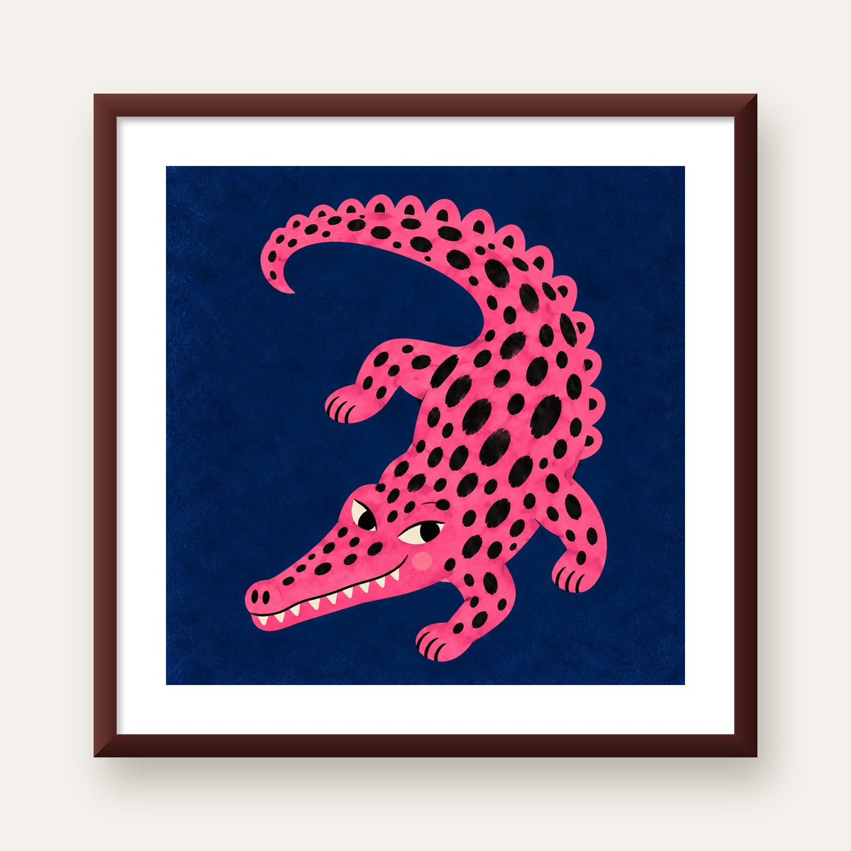 Sevimli Pembe Timsah Dijital İllüstrasyon Poster — ceviz çerçeveli paspartulu