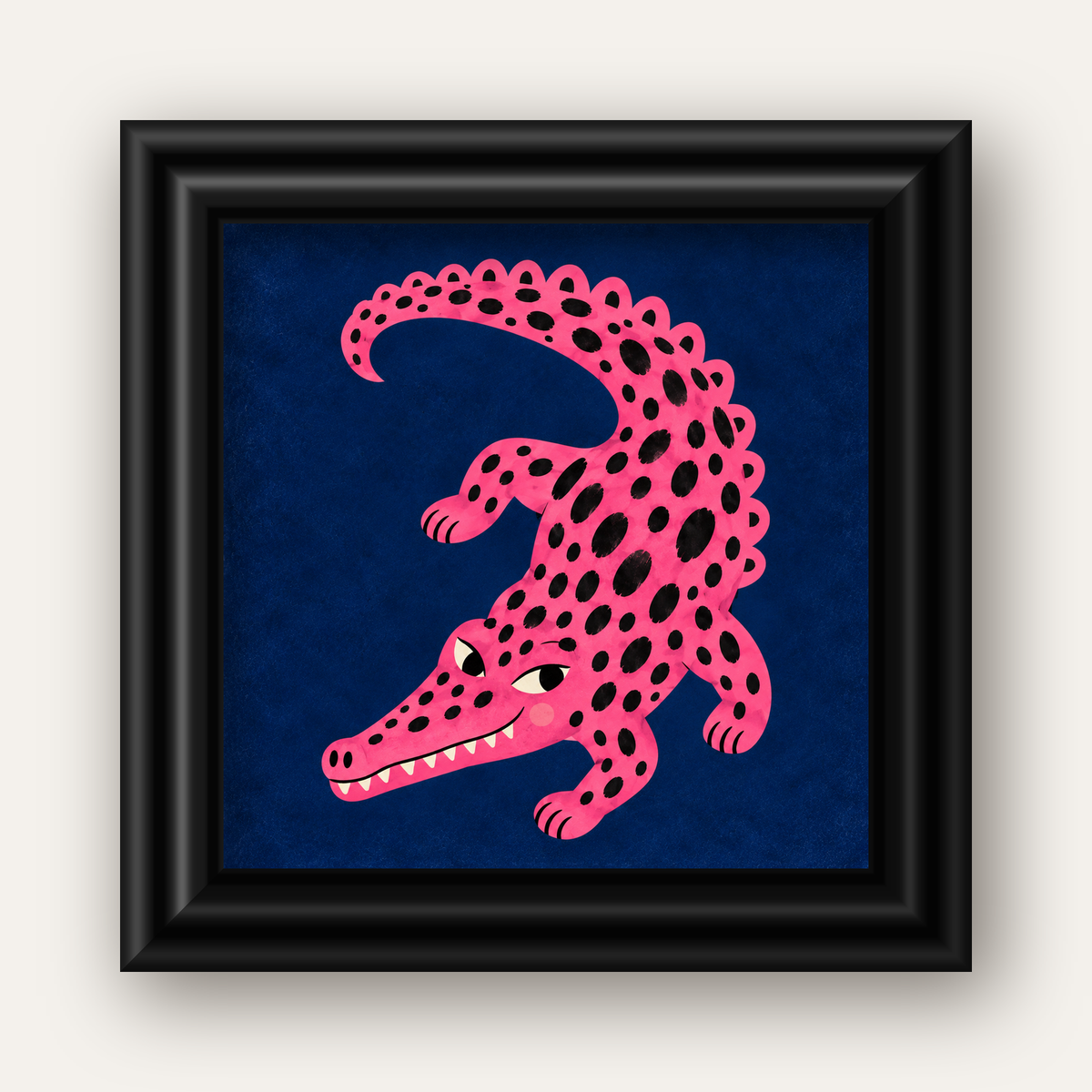 Sevimli Pembe Timsah Dijital İllüstrasyon Poster — siyah galeri çerçeveli